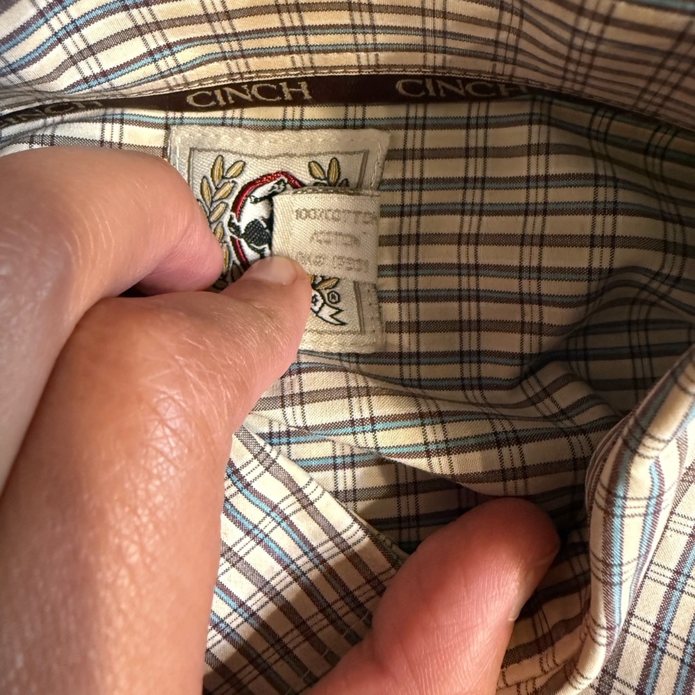 Cinch Men's Tan and Blue Striped Button Down Shirt - Picture 4 of 5